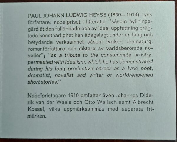 Nobelpristagare 1910, 1970. Komplett oanvänd/ostämplat