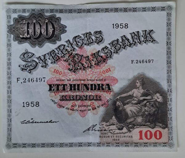 100 KRONOR SVENSK från 1958 Mycket bra skick.