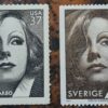 Greta Garbo 2 st. frimärker ostämplat/oanvänd(1 från USA och 1 från Sverige)