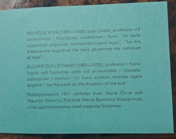 NOBELPRISTAGARE 1911. Oanvänd och Ostämplat. Mycket bra skick.